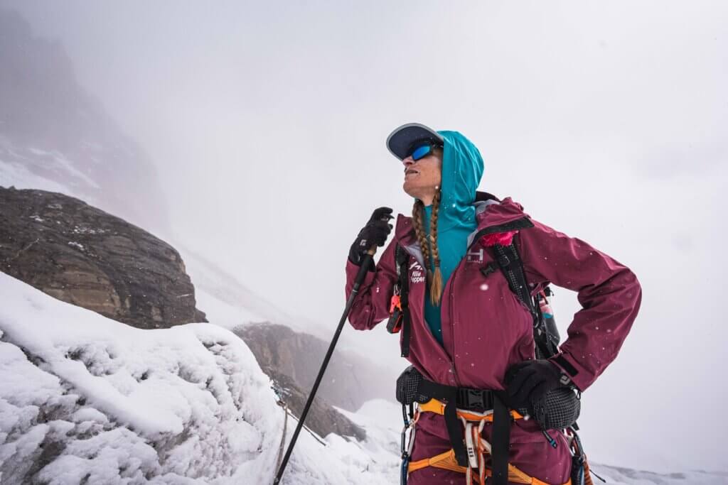 Allie Pepper wearing mountaineering gear on Manaslu in snowy conditions