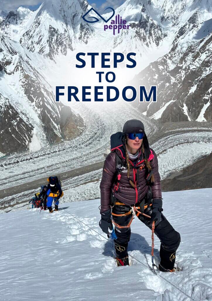 Steps to Freedom ebook cover with Allie Pepper climbing in the mountains